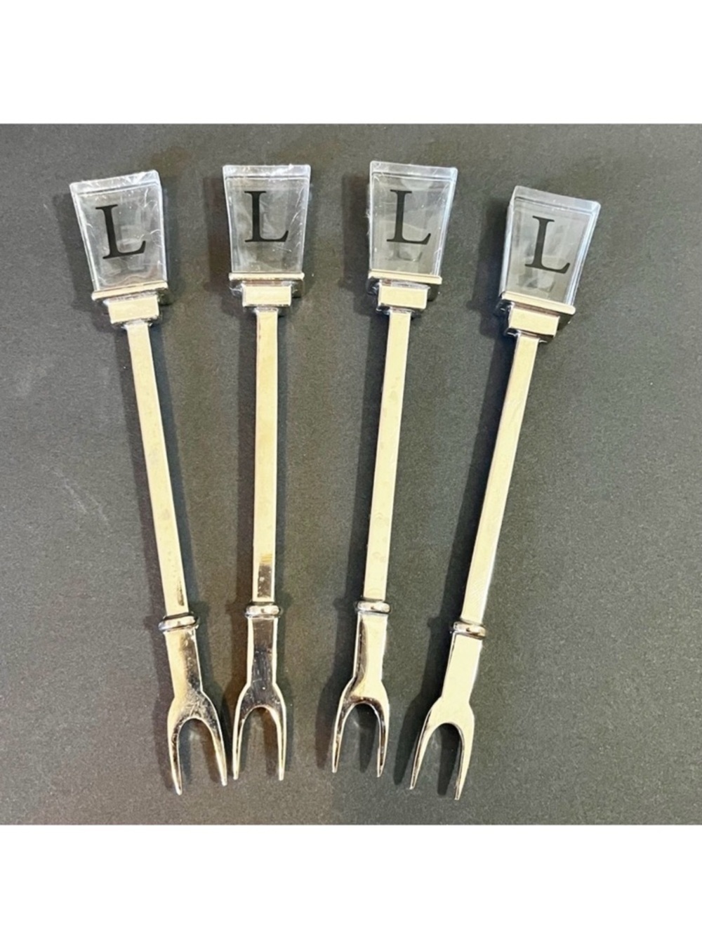 Vintage Cocktail Appetizer Forks Picks Acrylic Handle “L” Logo Stainless Set 4x